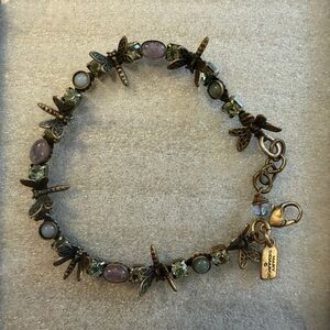 Vintage Mary Demarco Dragonfly Charm Bracelet with Green and Purple Accents 8”